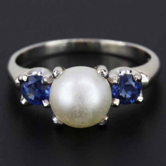 14k White Gold Cultured Pearl & Sapphire Cocktail /Anniversary Ring - Picture 6 of 6